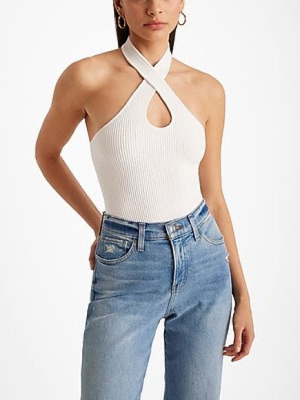 NWT Express White Ribbed Halter Keyhole Halter Tank, Medium